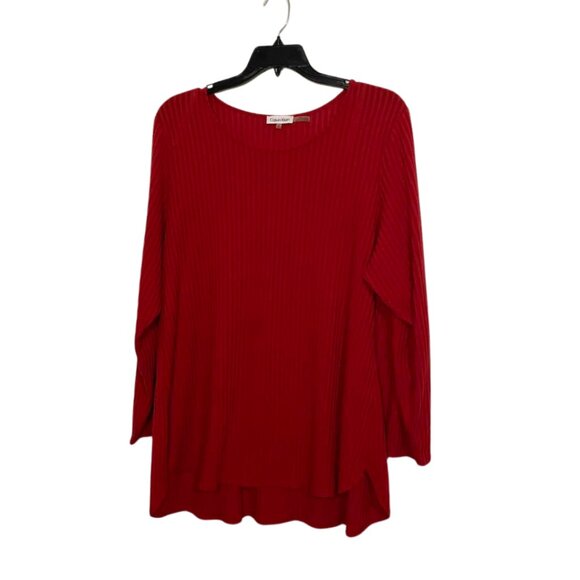 Calvin Klein Plus Size 2X Red Ribbed Tunic Top Long Sleeve Logo Blouse - Picture 2 of 13